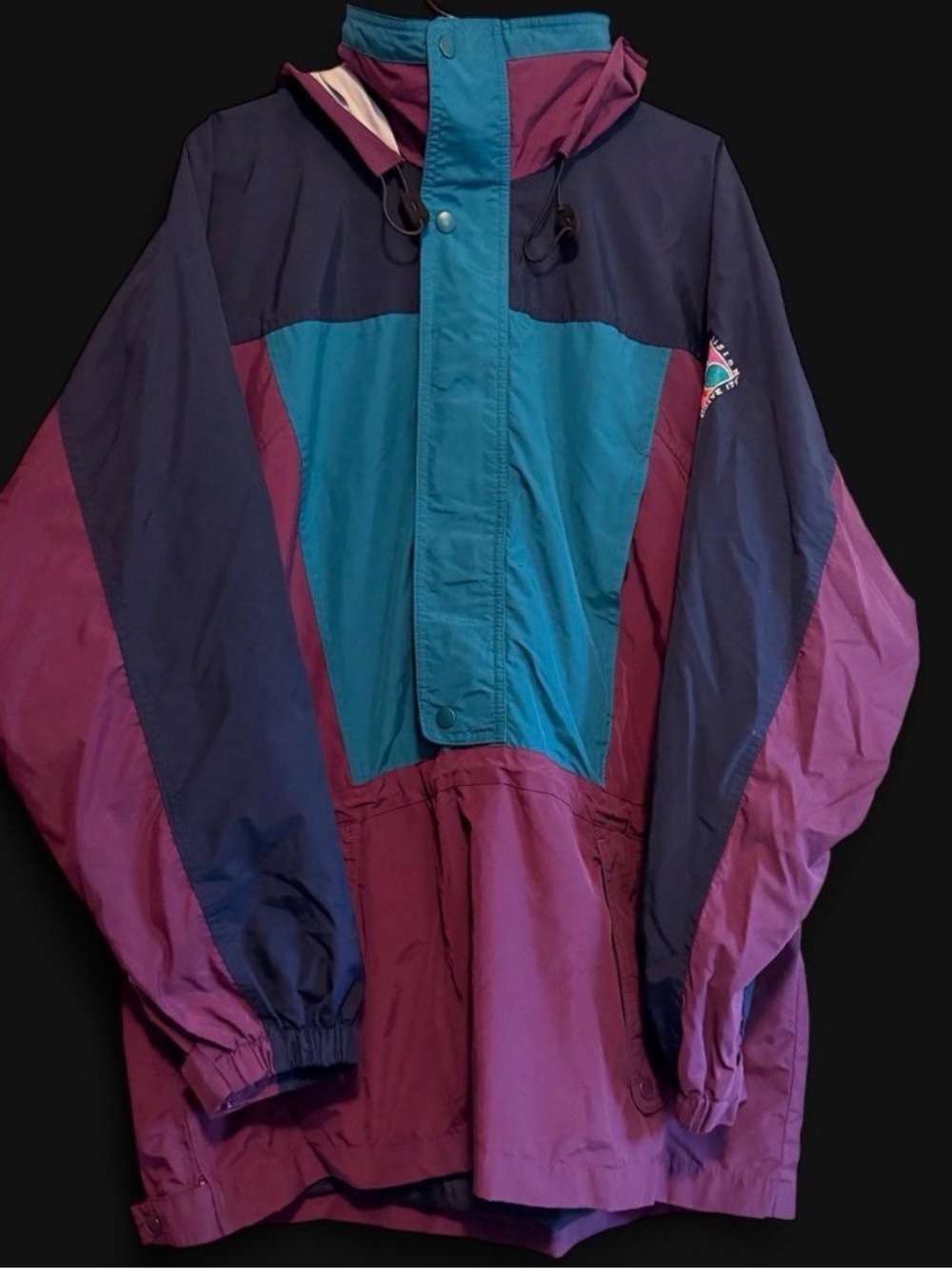 Vintage 90s Lands End Colorblock HoodedJacket Large Windbreaker Purple/Teal Blue